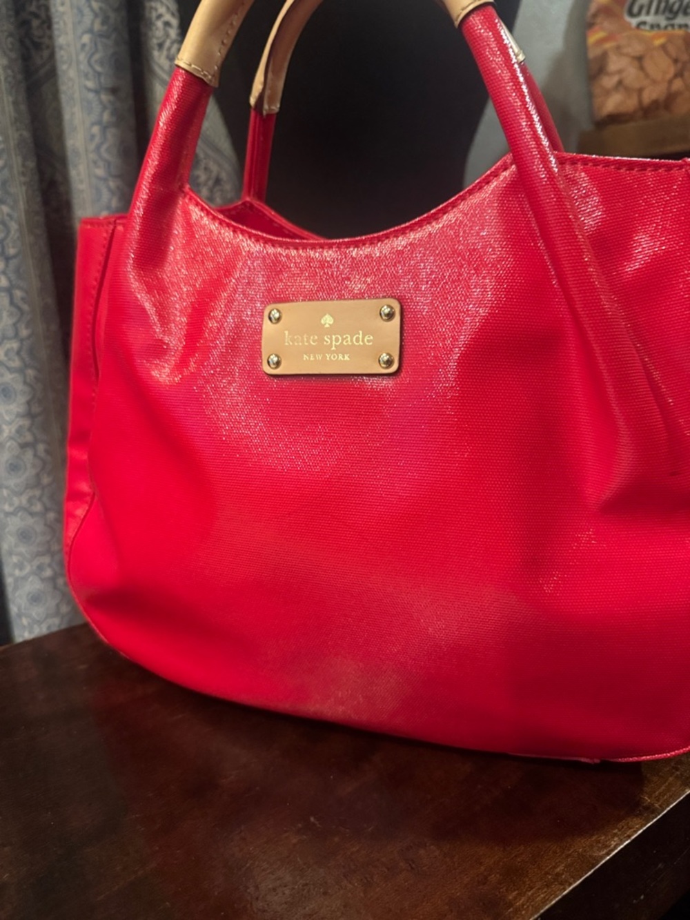 kate spade Vibrant Red Tote with tan and gold Plaque